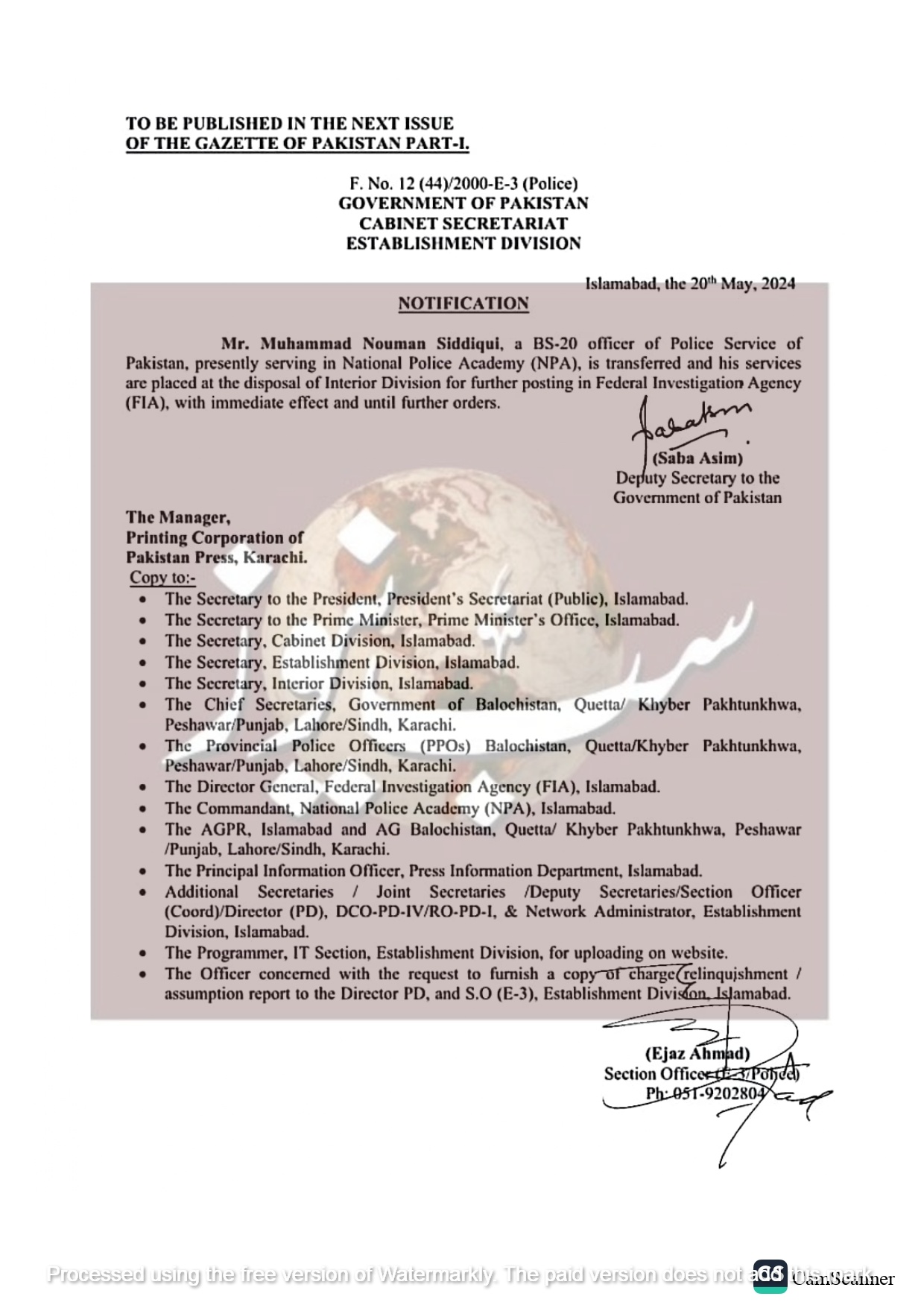 Notifications of FIA. page 0007