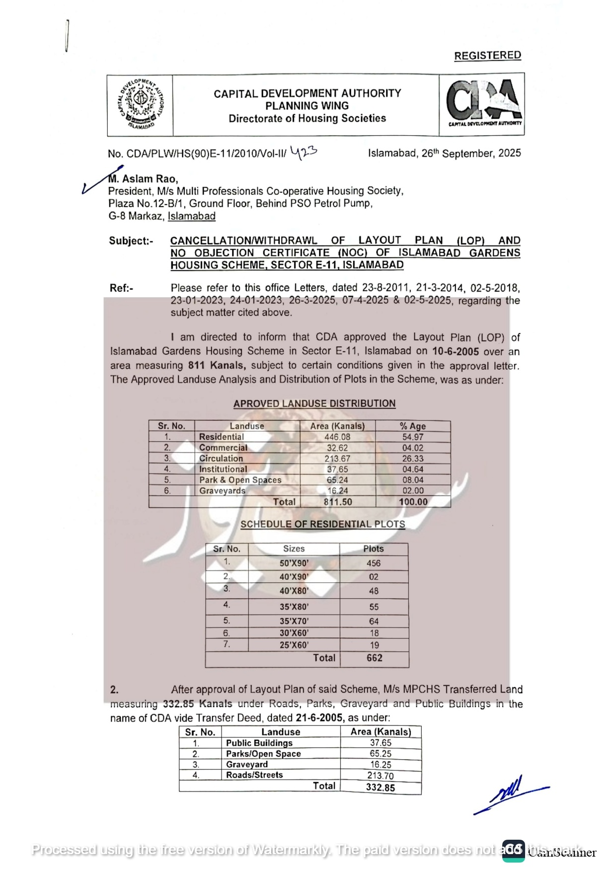 LOP Cancellation Islamabad Gardens E 11 page 0001